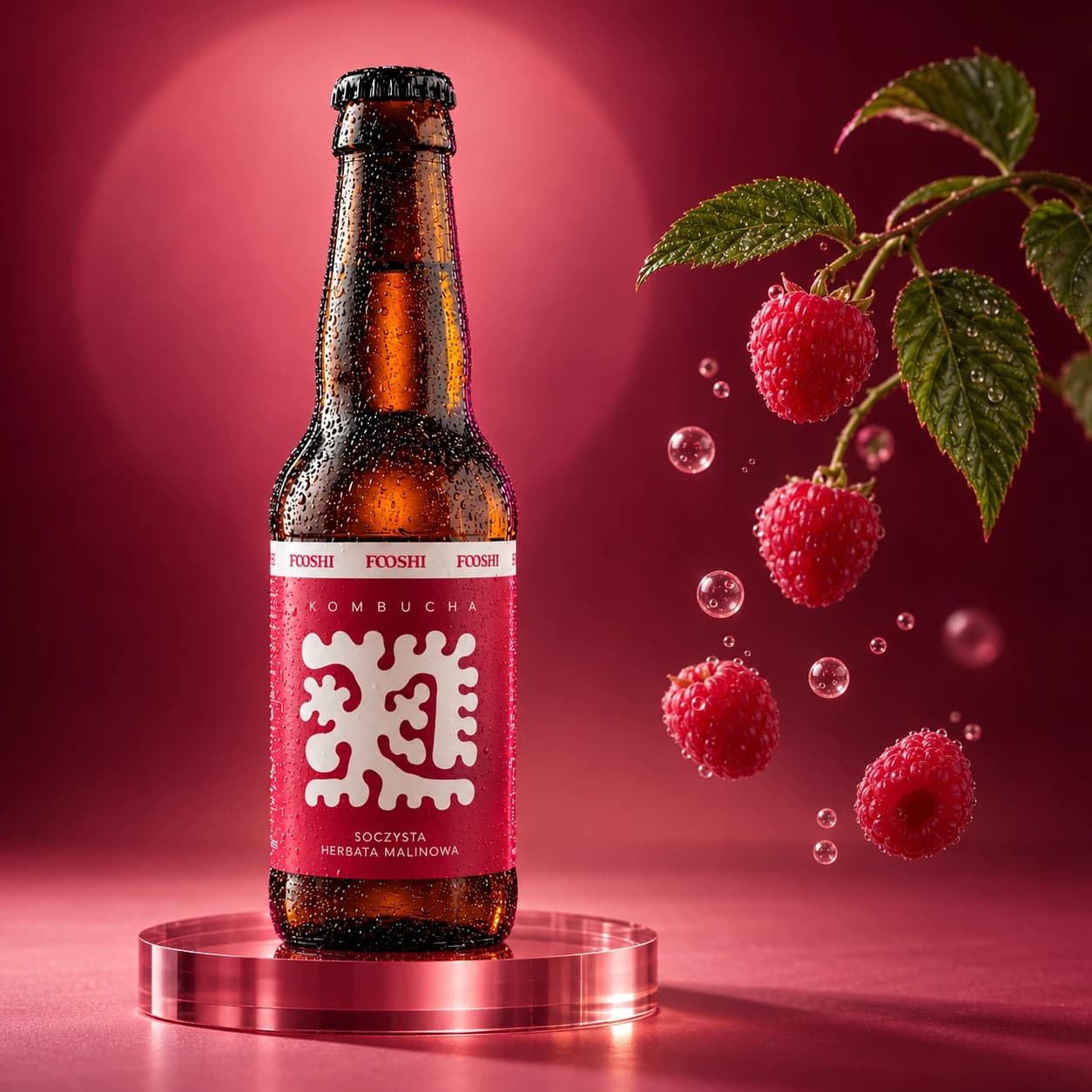 Butelka Fooshi Kombucha Soczysta Herbata Malinowa — zestaw 16 szt. 330 ml
